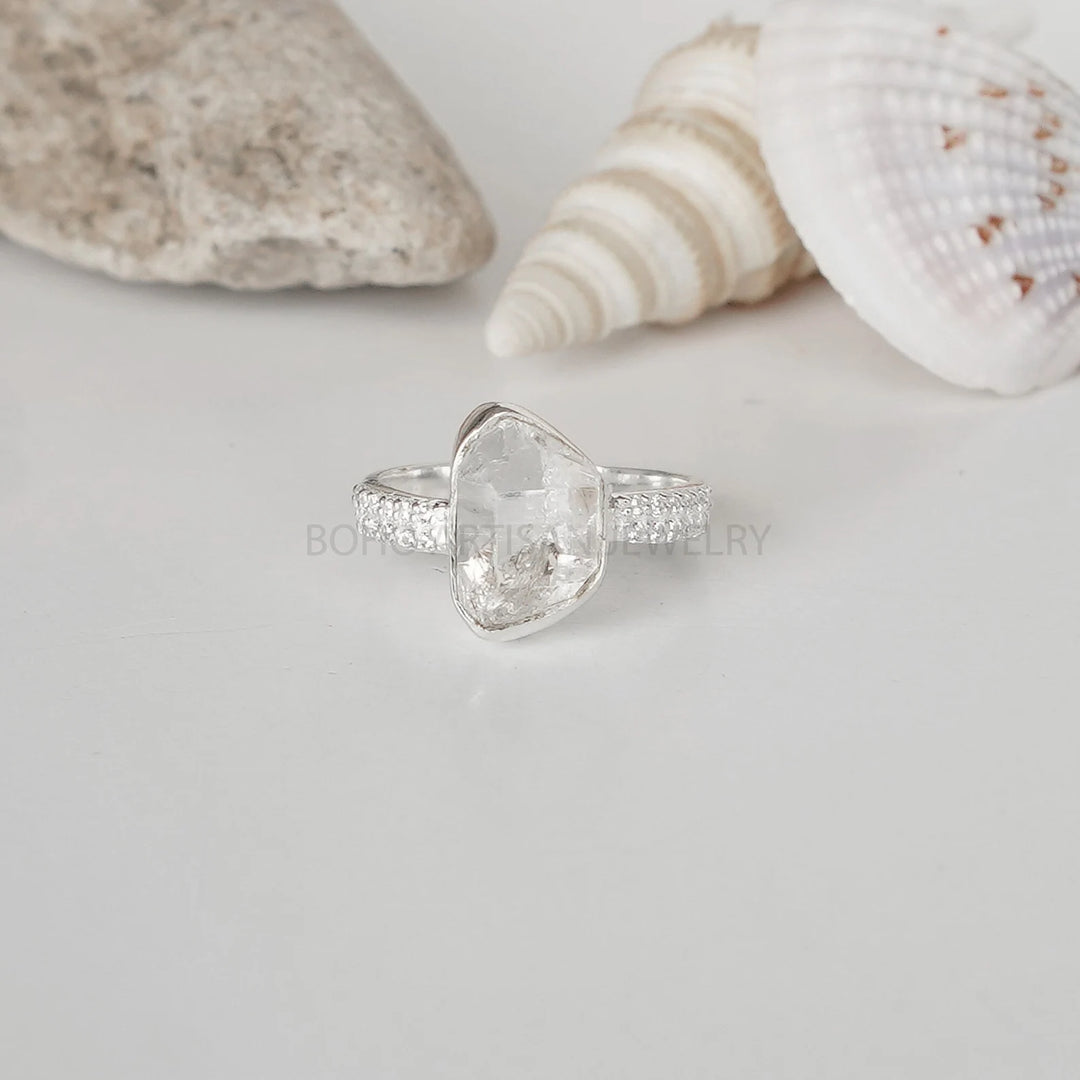 Handmade Herkimer Diamond Ring: Raw Gemstone, Sterling Silver, CZ