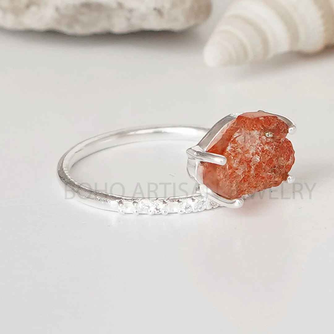Raw Sunstone Ring: Sterling Silver CZ Band, Boho Jewelry
