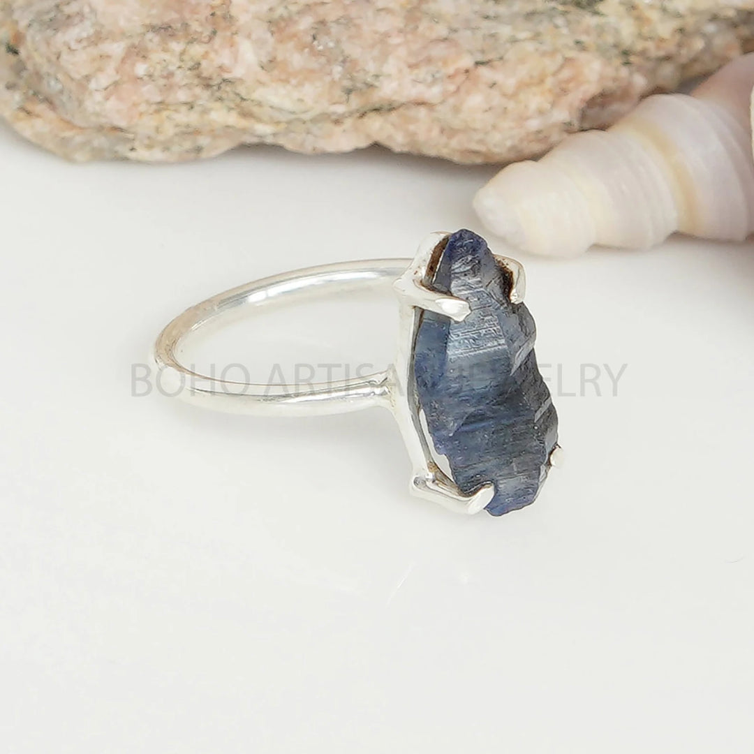 Raw Sapphire Sterling Silver Ring: Natural Dark Blue Crystal