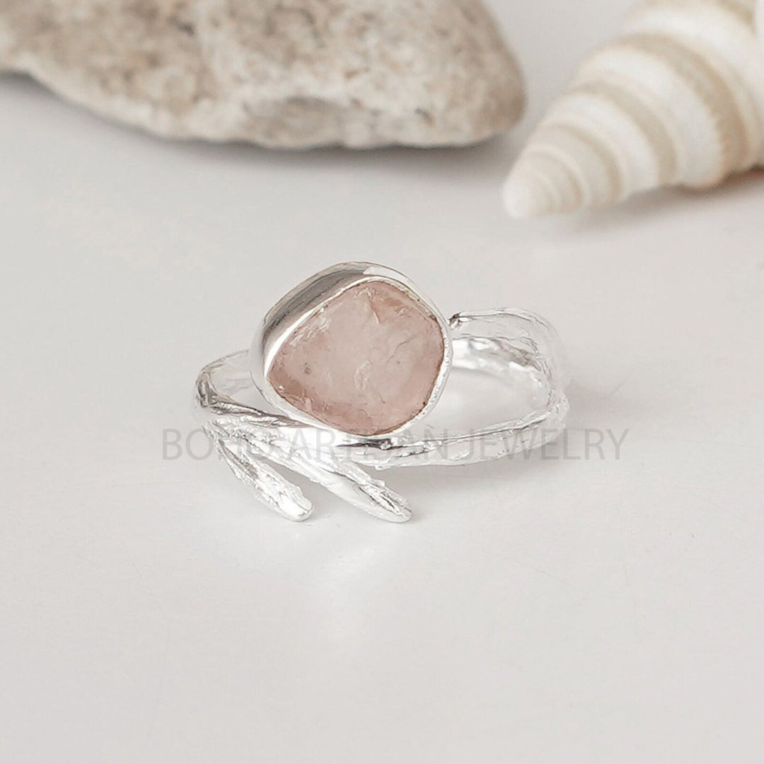 Raw Rose Quartz Sterling Silver Branch Ring - January Birthstone