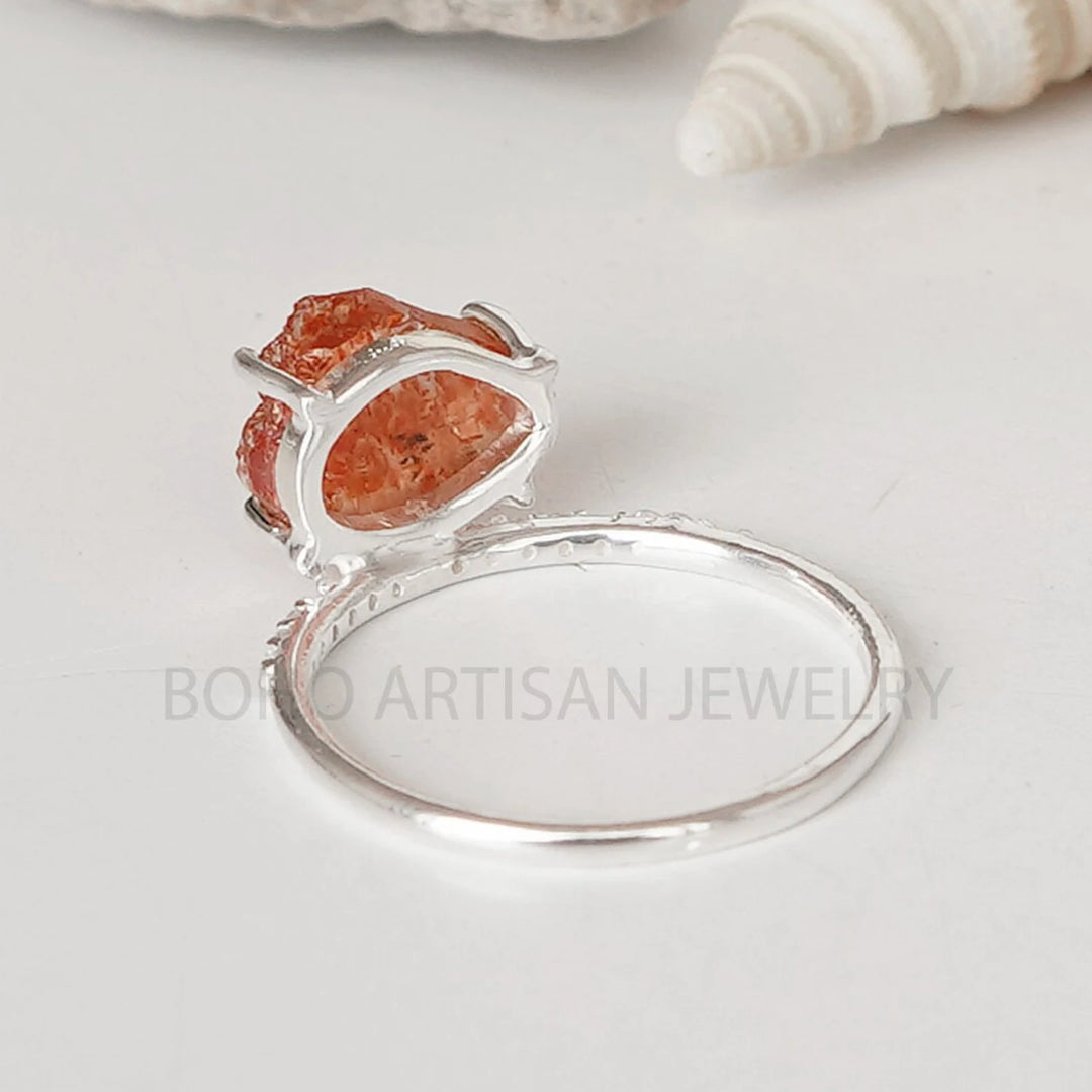 Raw Sunstone Ring: Sterling Silver CZ Band, Boho Jewelry