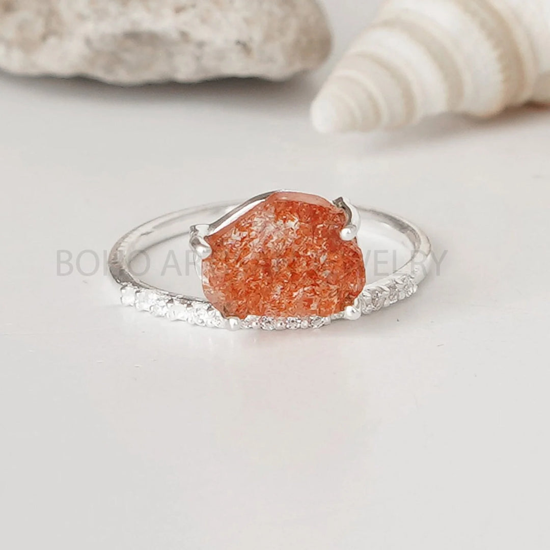 Raw Sunstone Ring: Sterling Silver CZ Band, Boho Jewelry