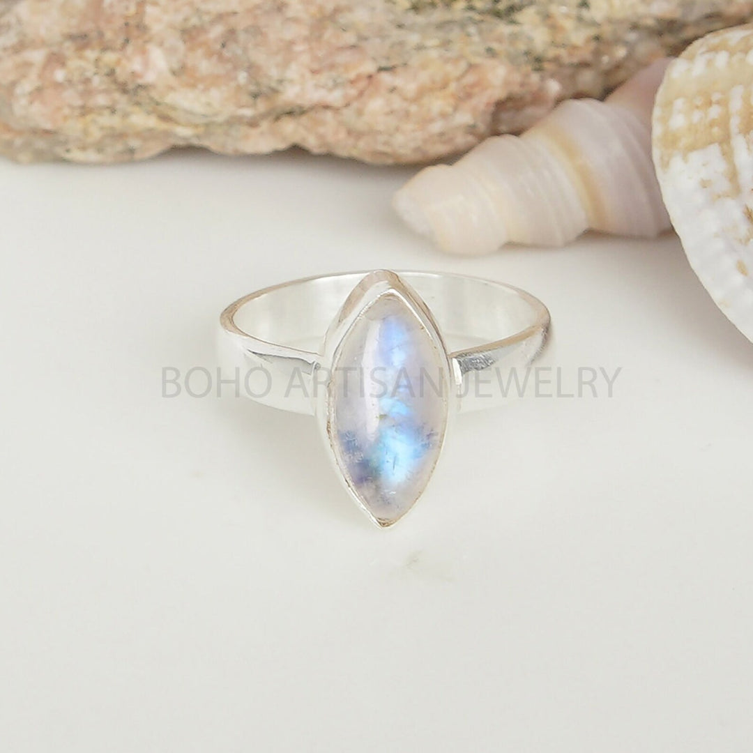Marquise Moonstone Ring: Blue Flash Sterling Silver, July Birthstone
