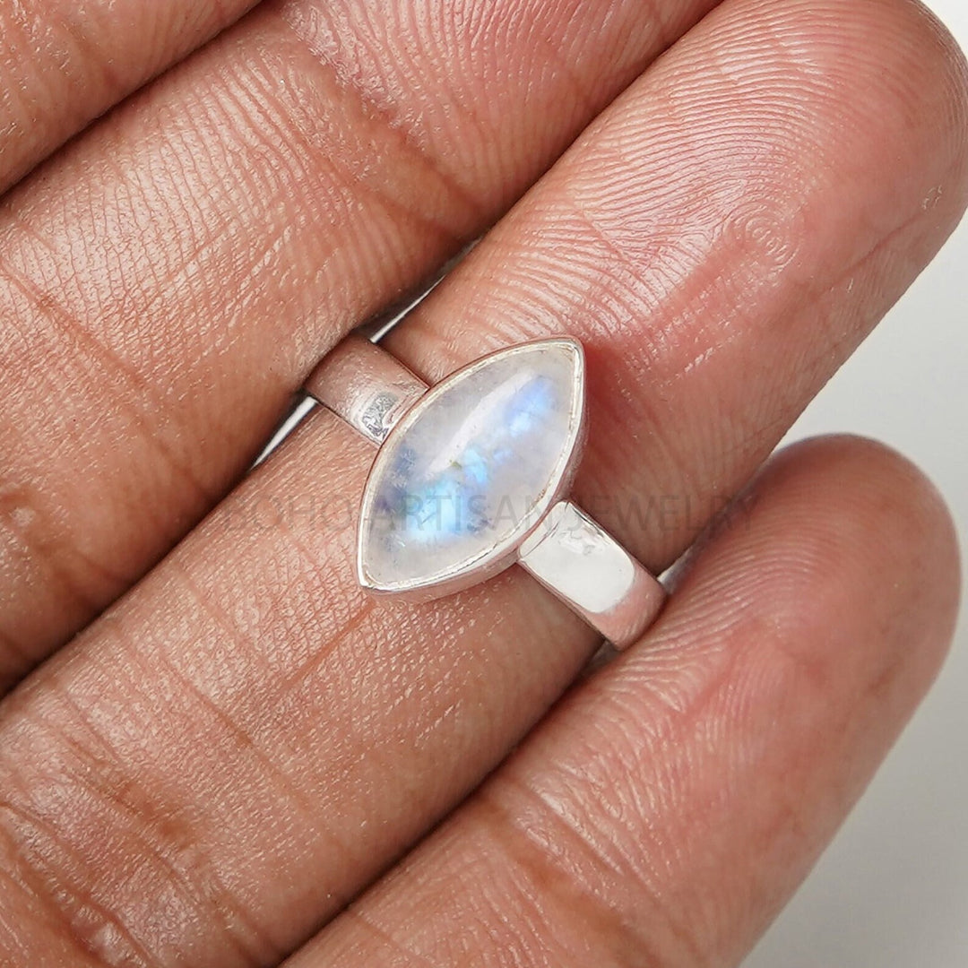 Marquise Moonstone Ring: Blue Flash Sterling Silver, July Birthstone