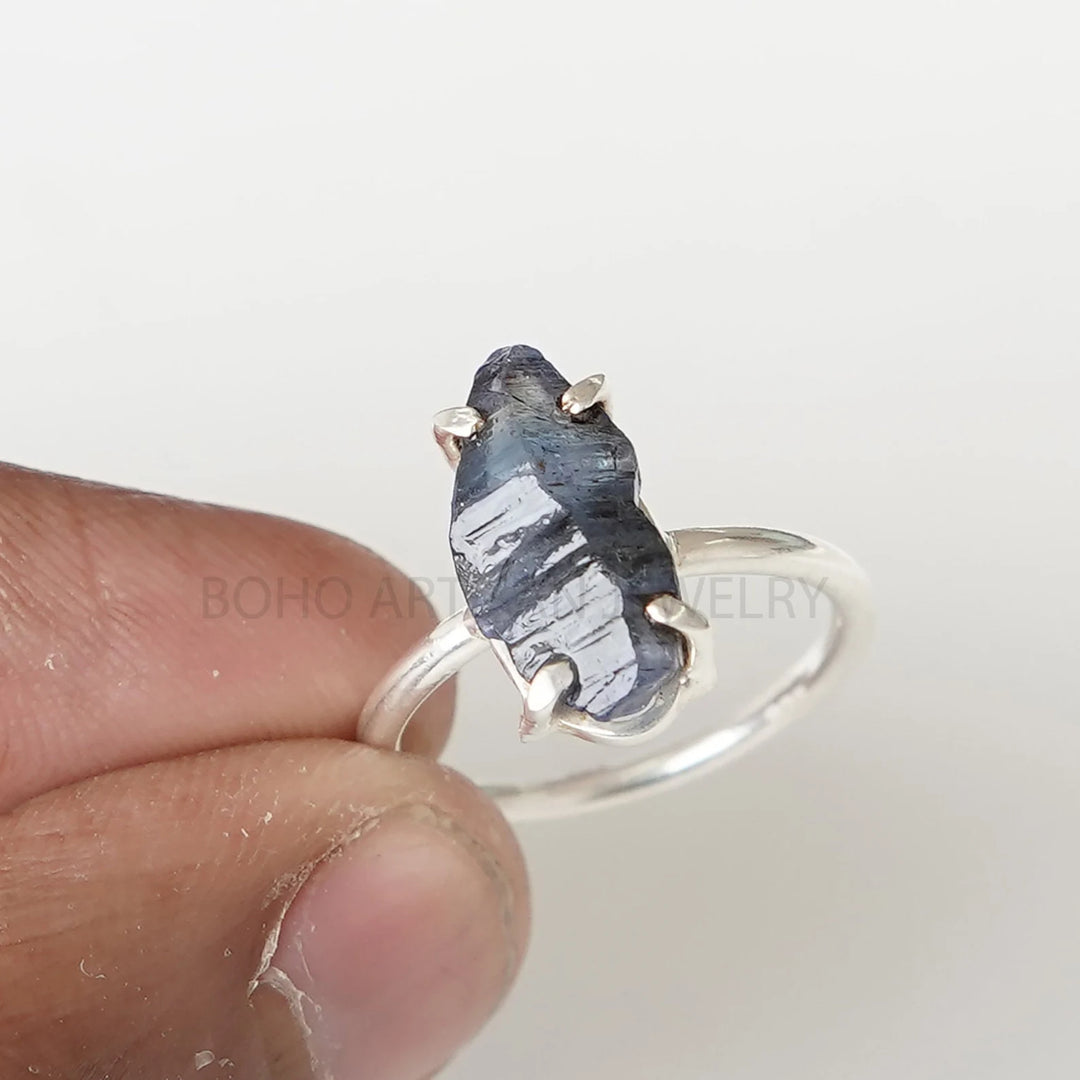 Raw Sapphire Sterling Silver Ring: Natural Dark Blue Crystal