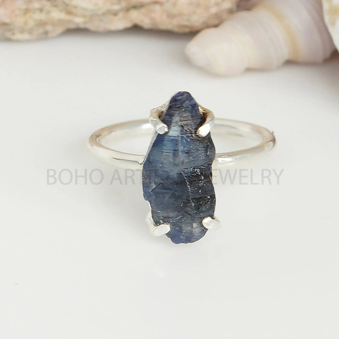 Raw Sapphire Sterling Silver Ring: Natural Dark Blue Crystal