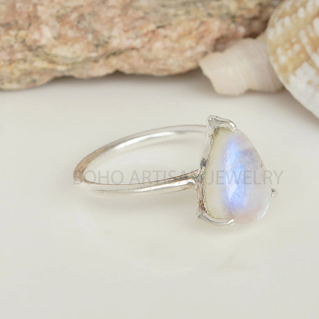Cabochon Moonstone Ring: 925 Sterling Silver, Handmade Boho Jewelry