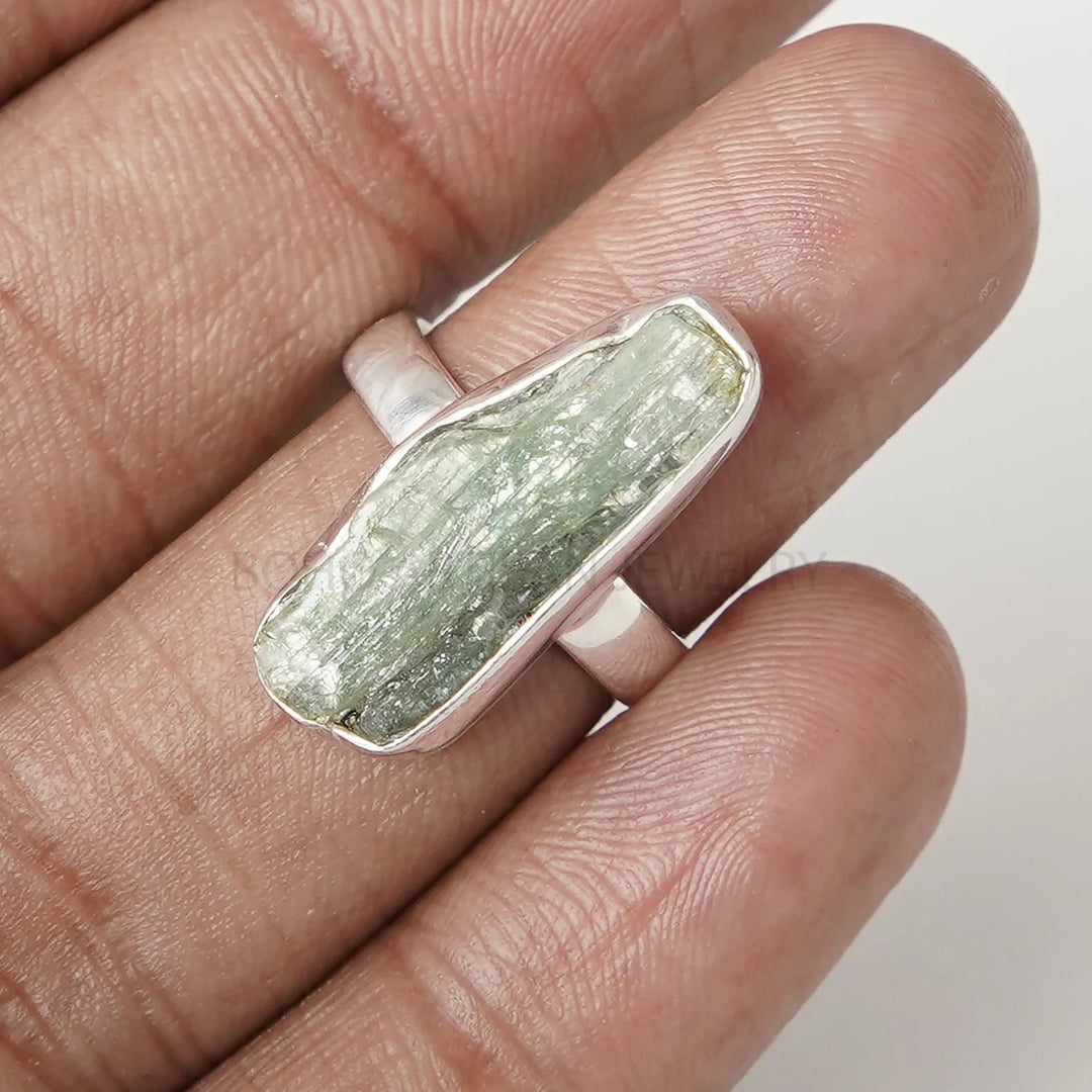 Raw Green Kyanite Ring: Sterling Silver Boho Gemstone Jewelry
