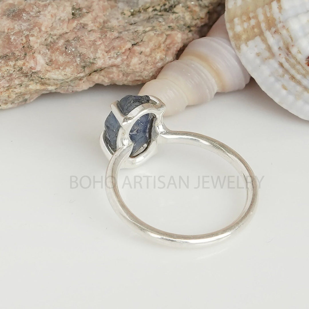Raw Sapphire Ring: Natural Dark Blue Crystal, Sterling Silver, September Birthstone