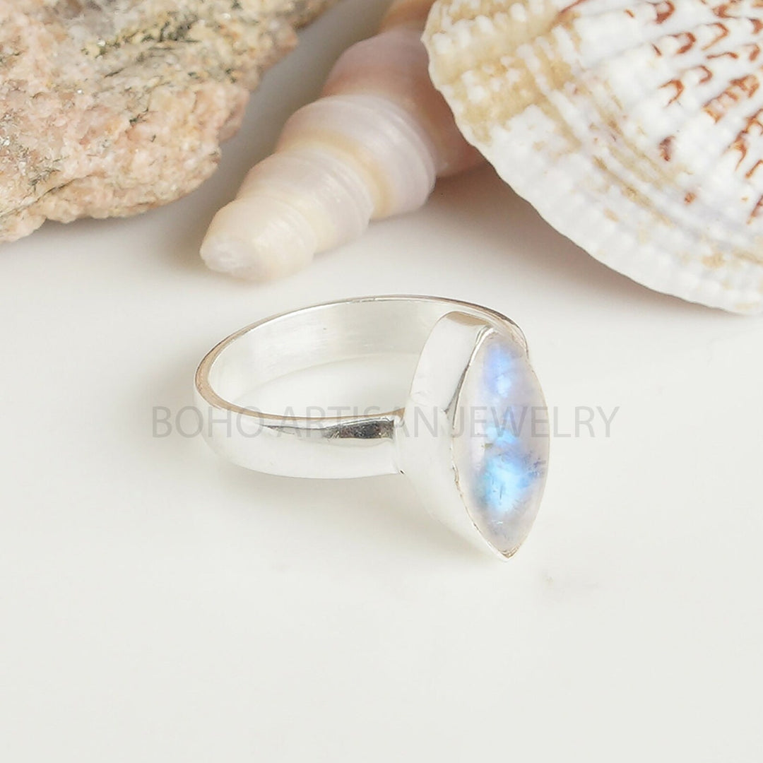 Marquise Moonstone Ring: Blue Flash Sterling Silver, July Birthstone