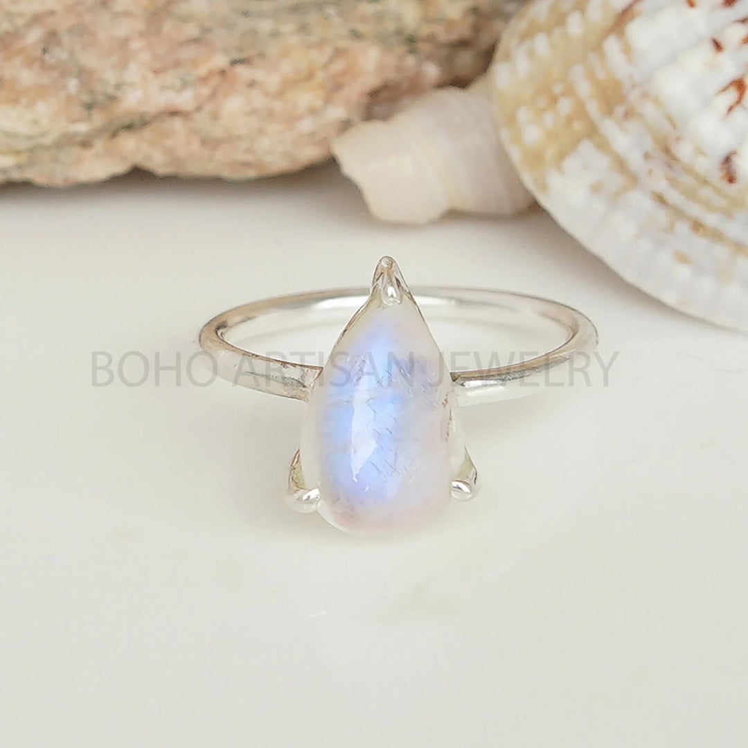 Cabochon Moonstone Ring: 925 Sterling Silver, Handmade Boho Jewelry