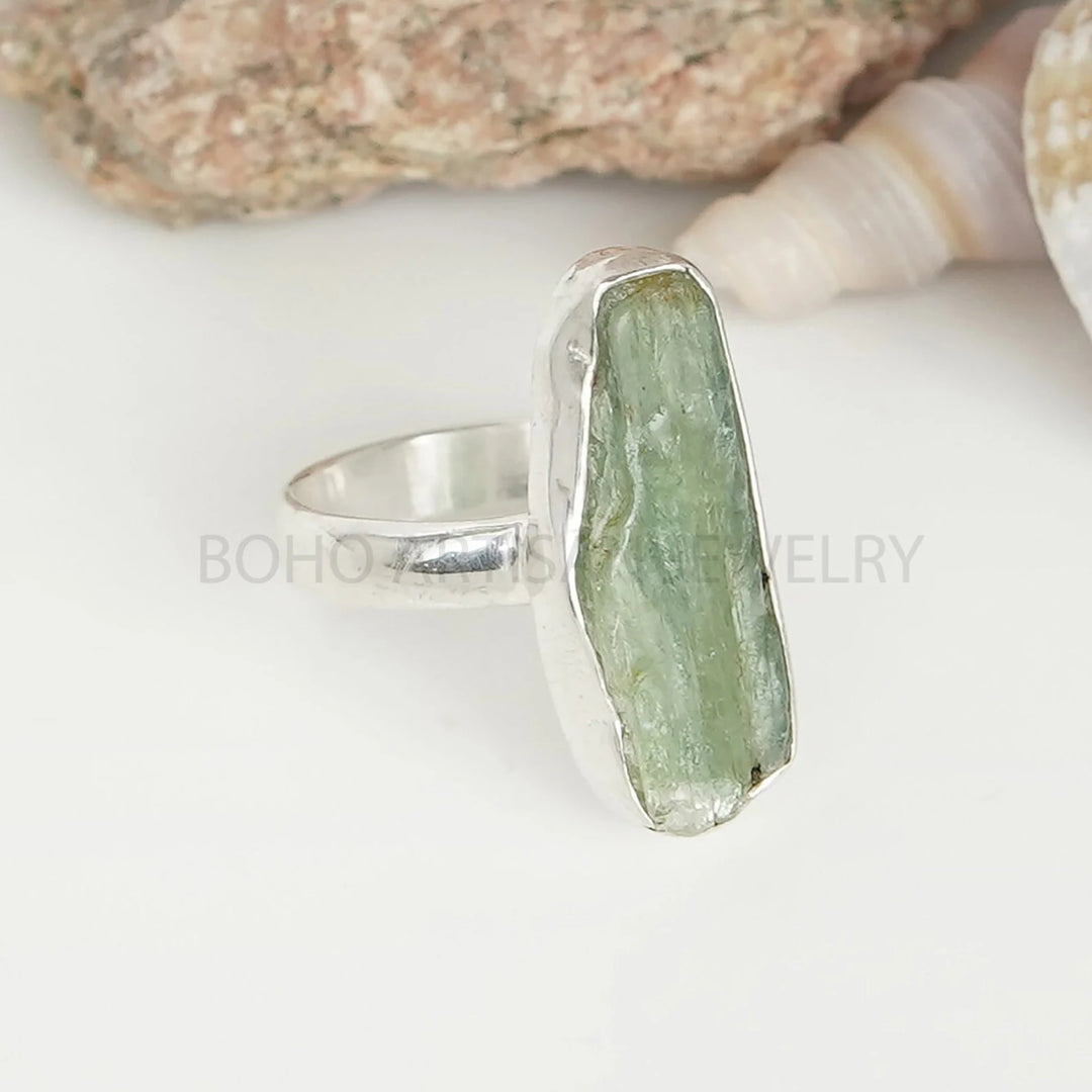 Raw Green Kyanite Ring: Sterling Silver Boho Gemstone Jewelry