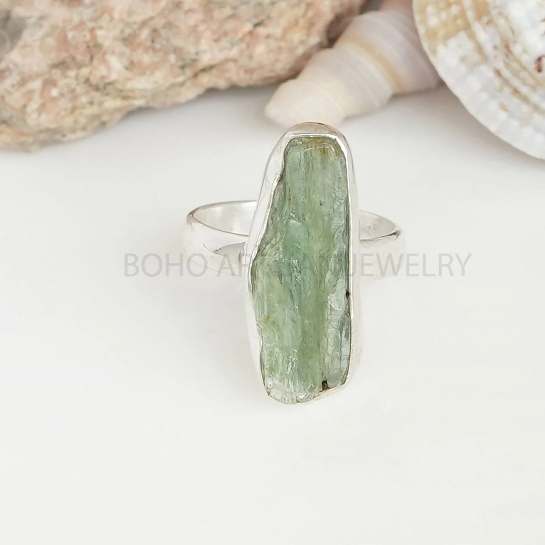 Raw Green Kyanite Ring: Sterling Silver Boho Gemstone Jewelry