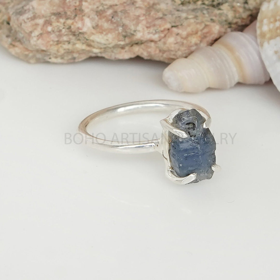Raw Sapphire Ring: Natural Dark Blue Crystal, Sterling Silver, September Birthstone