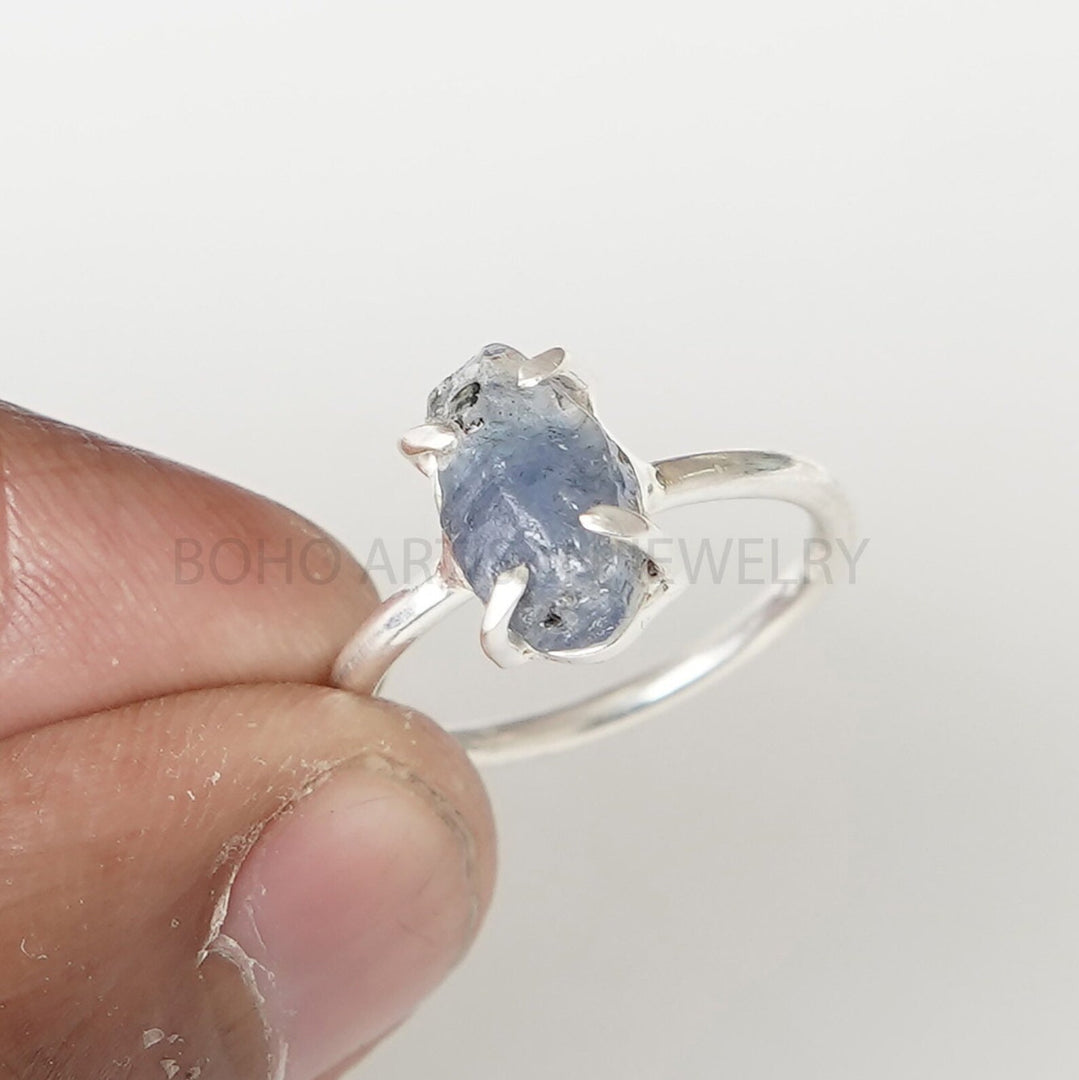 Raw Sapphire Ring: Natural Dark Blue Crystal, Sterling Silver, September Birthstone