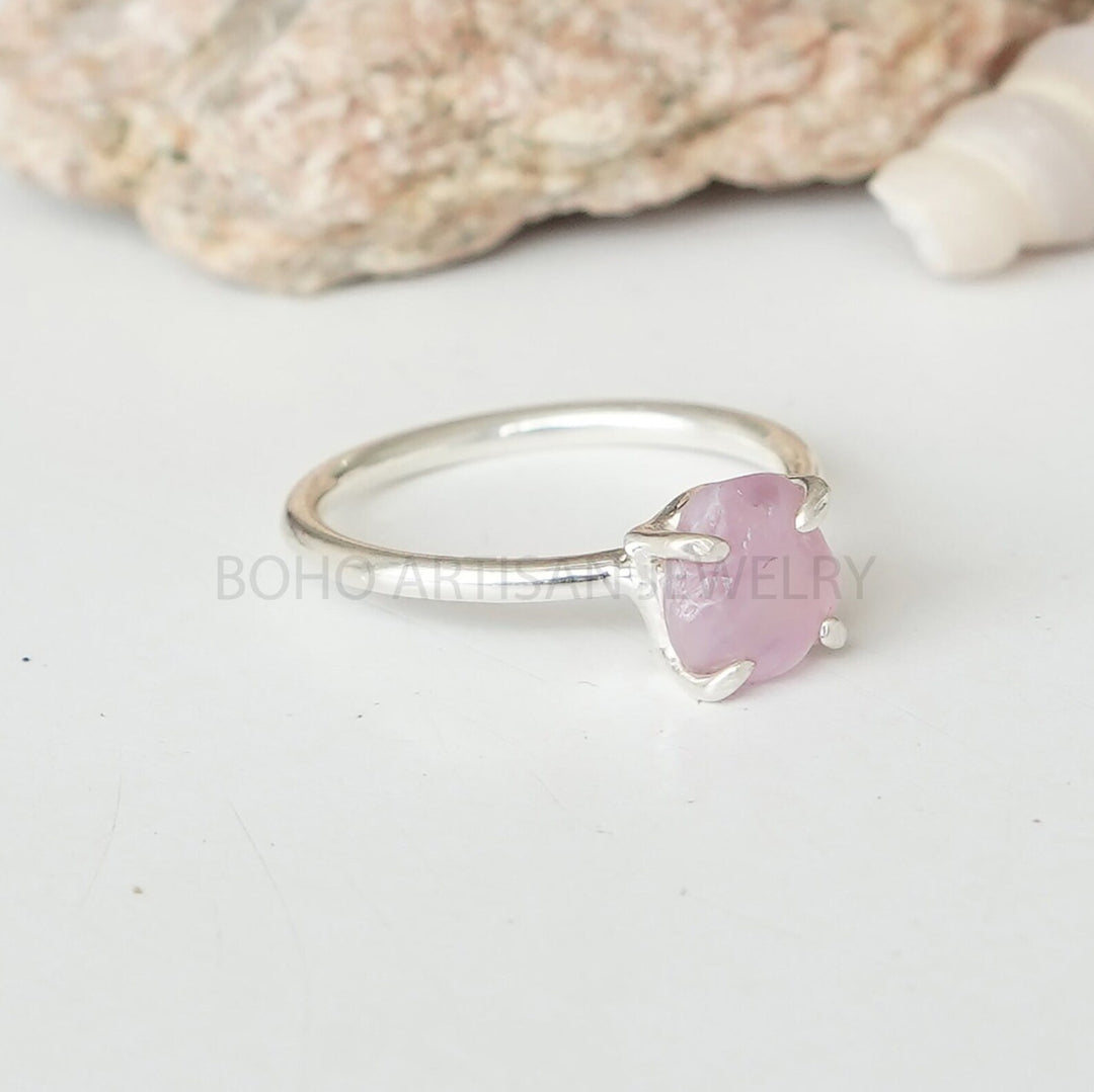 Raw Pink Sapphire Ring: Sterling Silver Crystal Birthstone