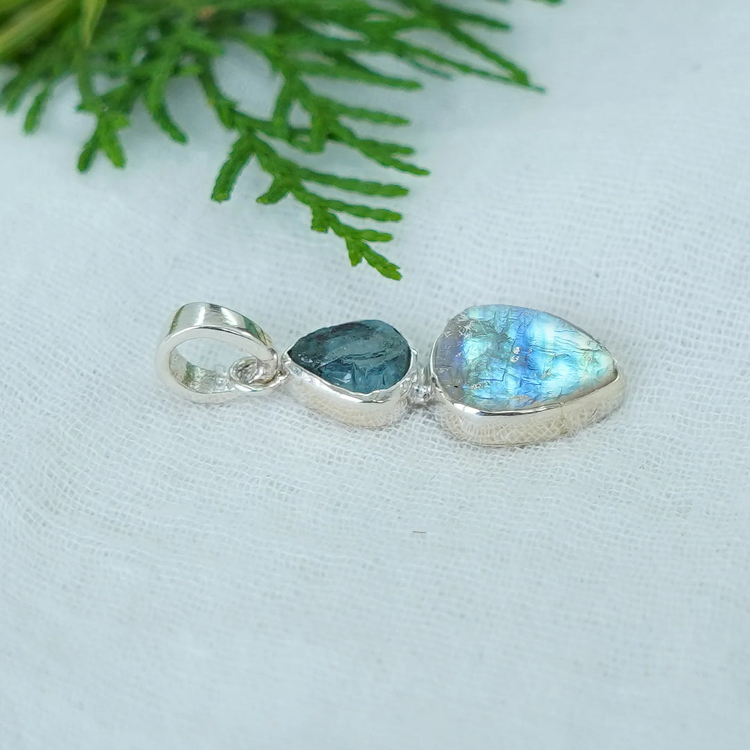 Raw Moonstone Tanzanite Pendant: Sterling Silver Two Stone Jewelry