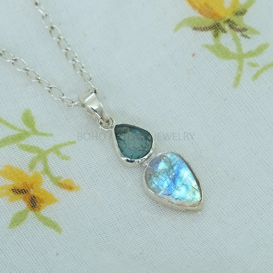 Raw Moonstone Tanzanite Pendant: Sterling Silver Two Stone Jewelry
