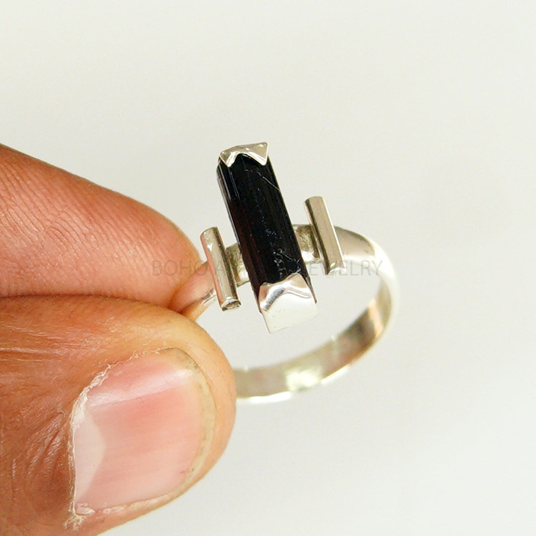Raw Black Tourmaline Bar Ring, Gemstone Ring, Stackable Ring, 925 Sterling Silver Jewelry, Valentine's Day Gift, Ring For Her