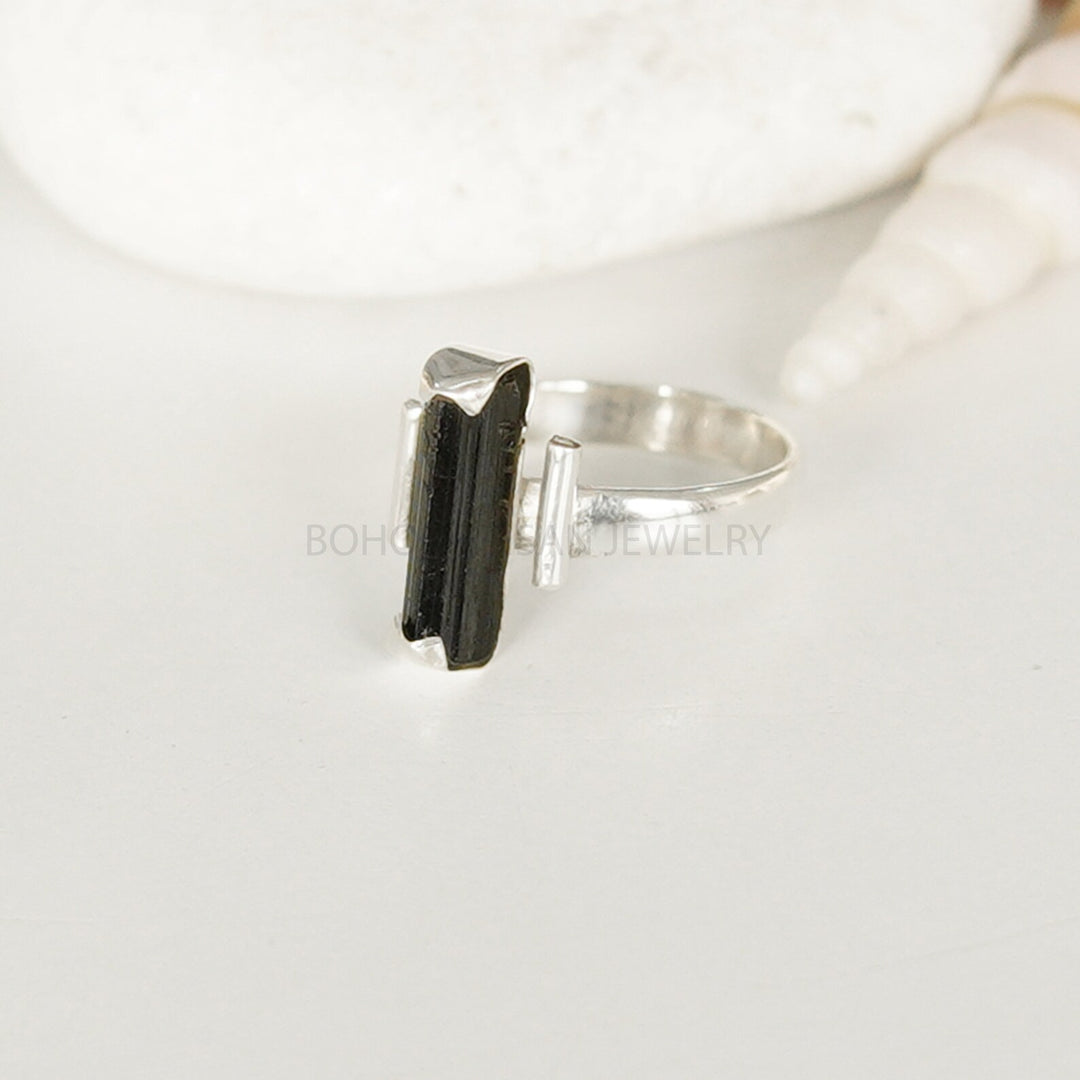 Raw Black Tourmaline Bar Ring, Gemstone Ring, Stackable Ring, 925 Sterling Silver Jewelry, Valentine's Day Gift, Ring For Her