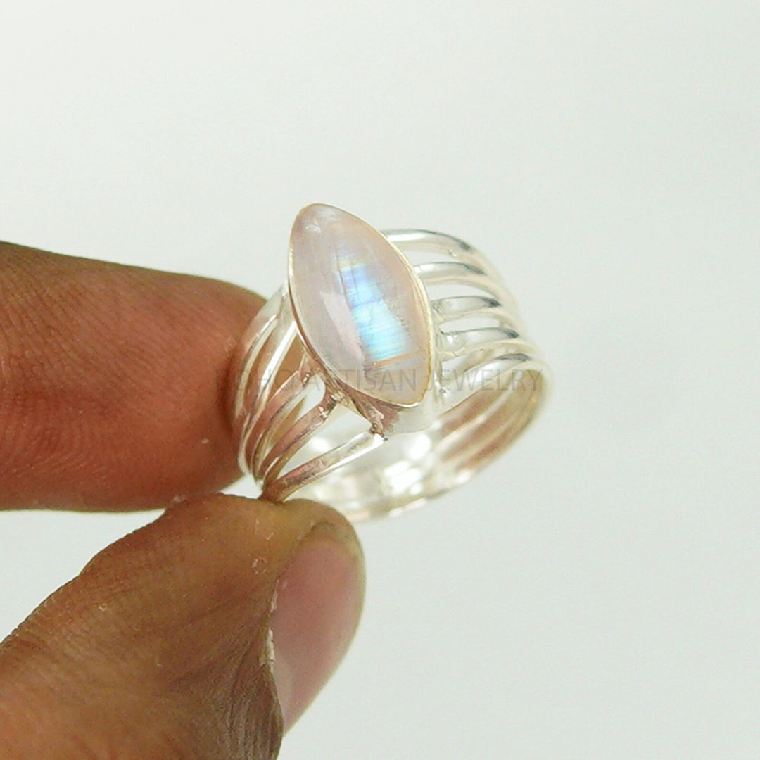 Rainbow Moonstone Ring: Sterling Silver Twisted Band, June Birthstone