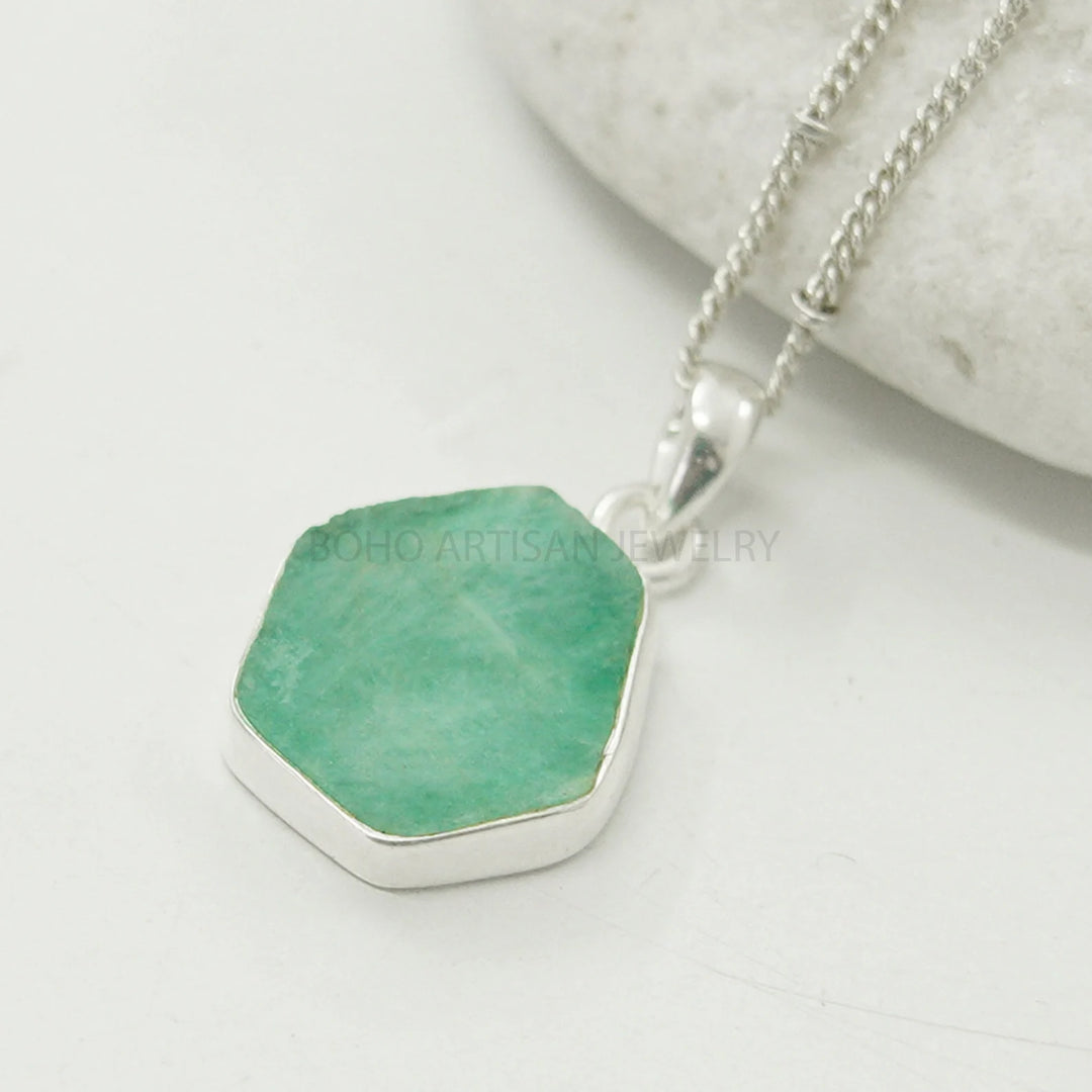 Emerald Slice Pendant: Sterling Silver, Raw Crystal, Boho Necklace