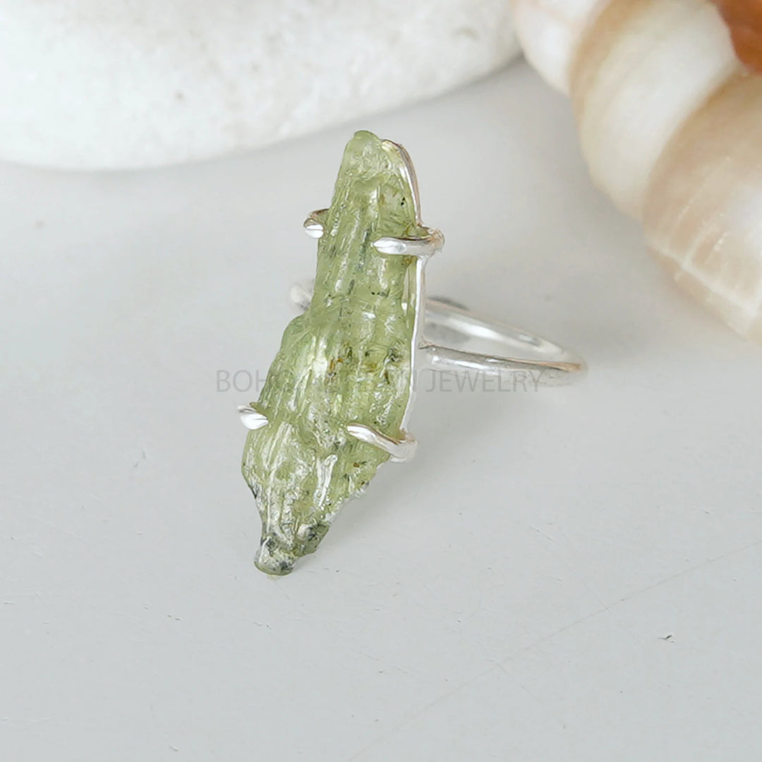 Raw Green Kyanite Ring: Natural Crystal, 925 Sterling Silver, Boho Style