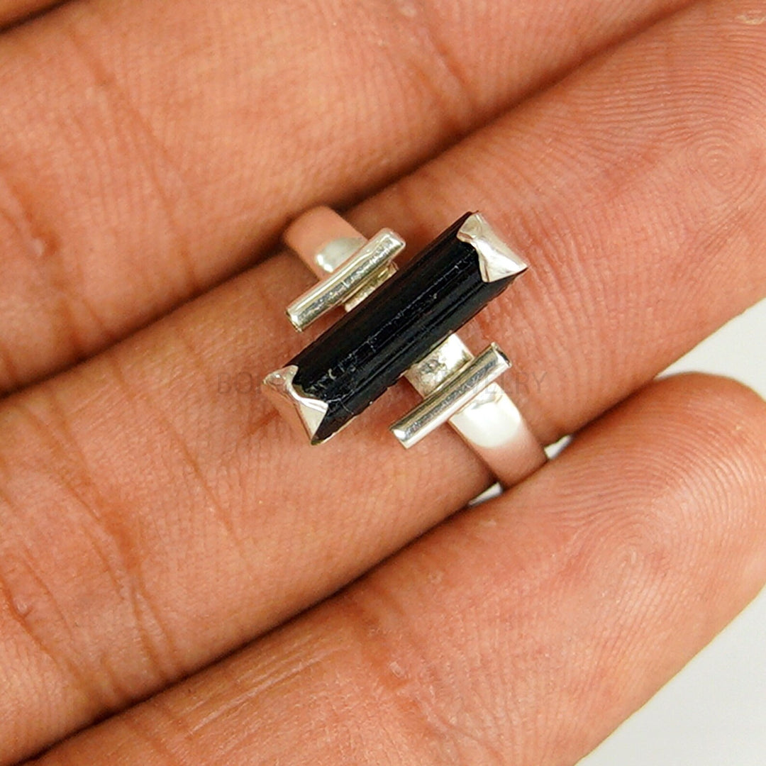 Raw Black Tourmaline Bar Ring, Gemstone Ring, Stackable Ring, 925 Sterling Silver Jewelry, Valentine's Day Gift, Ring For Her