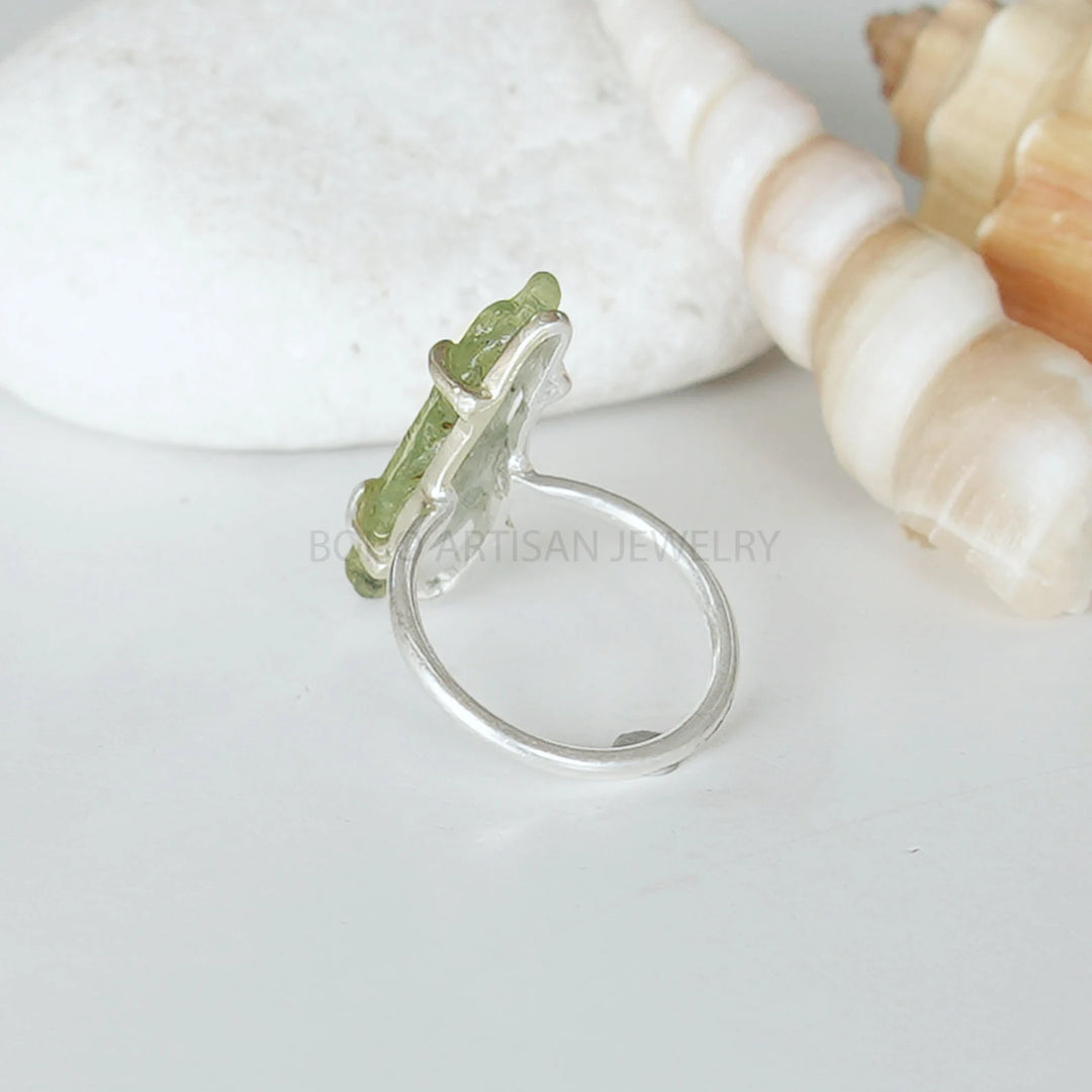Raw Green Kyanite Ring: Natural Crystal, 925 Sterling Silver, Boho Style