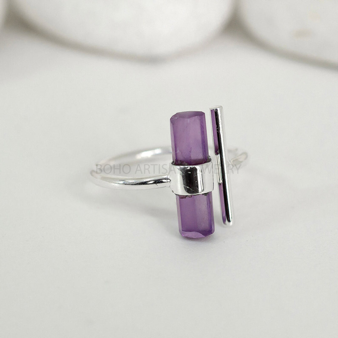 Raw Amethyst Sterling Silver Ring: Adjustable Boho Jewelry
