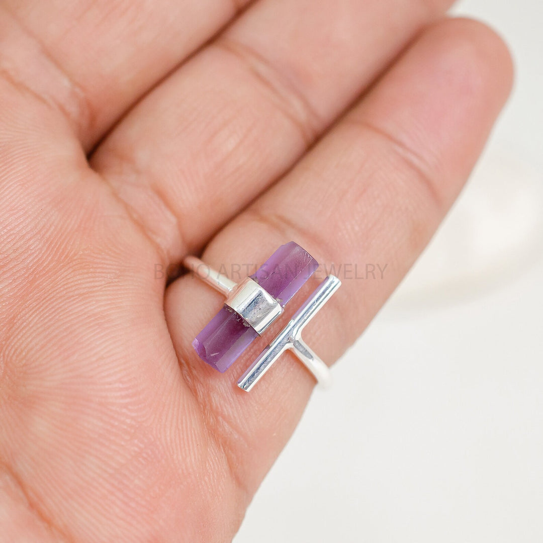 Raw Amethyst Sterling Silver Ring: Adjustable Boho Jewelry