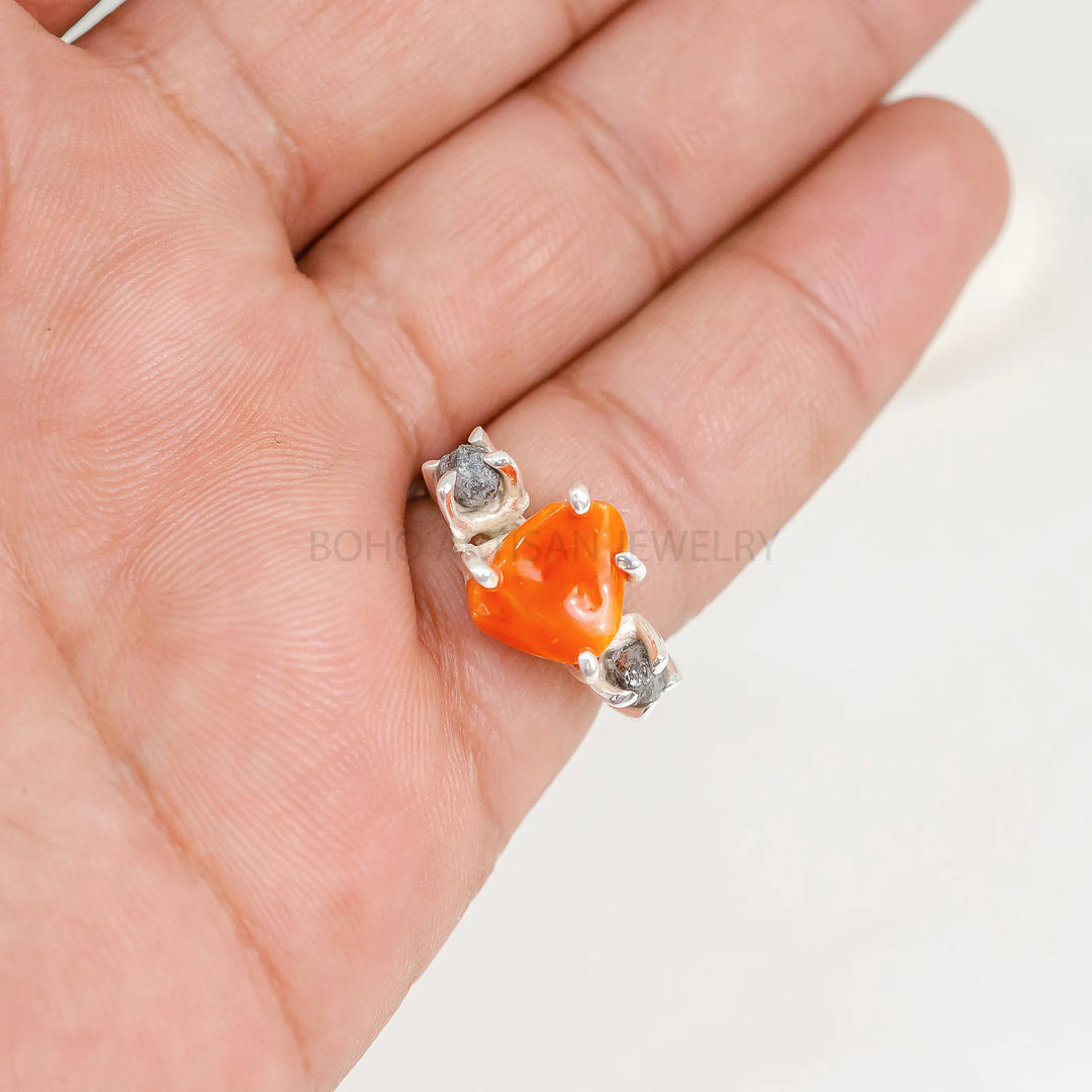 Raw Orange Opal Ring: Sterling Silver Three Stone Diamond Jewelry
