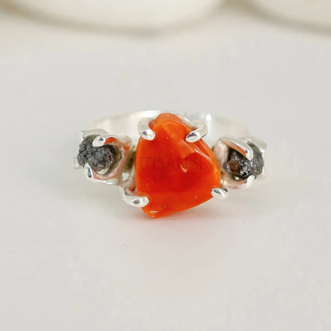 Raw Orange Opal Ring: Sterling Silver Three Stone Diamond Jewelry