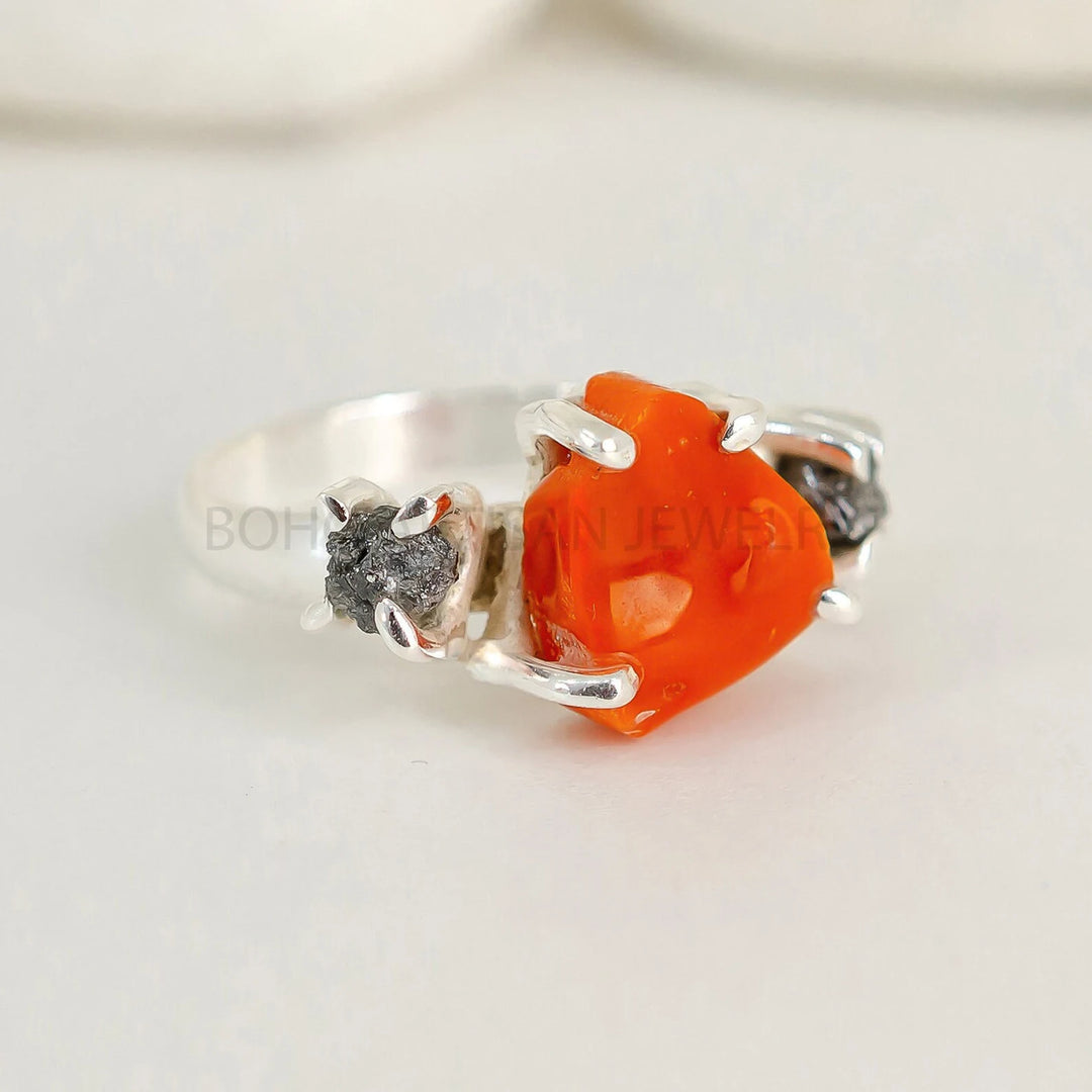 Raw Orange Opal Ring: Sterling Silver Three Stone Diamond Jewelry