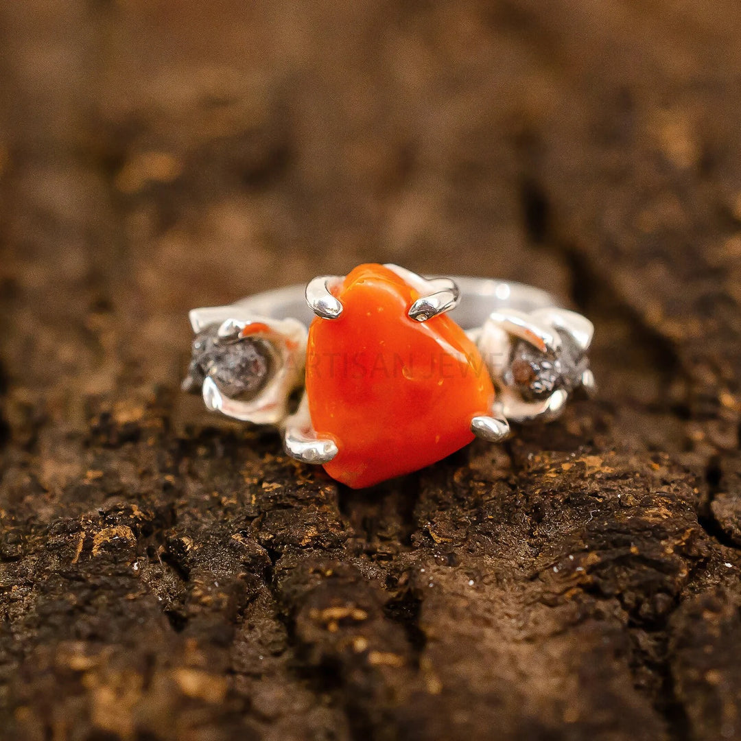 Raw Orange Opal Ring: Sterling Silver Three Stone Diamond Jewelry