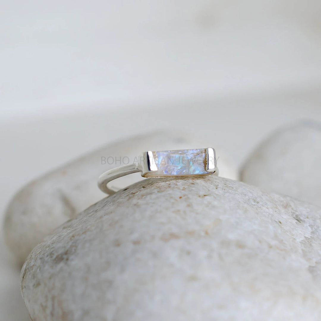 Raw Moonstone Bar Ring: Sterling Silver Stackable Jewelry