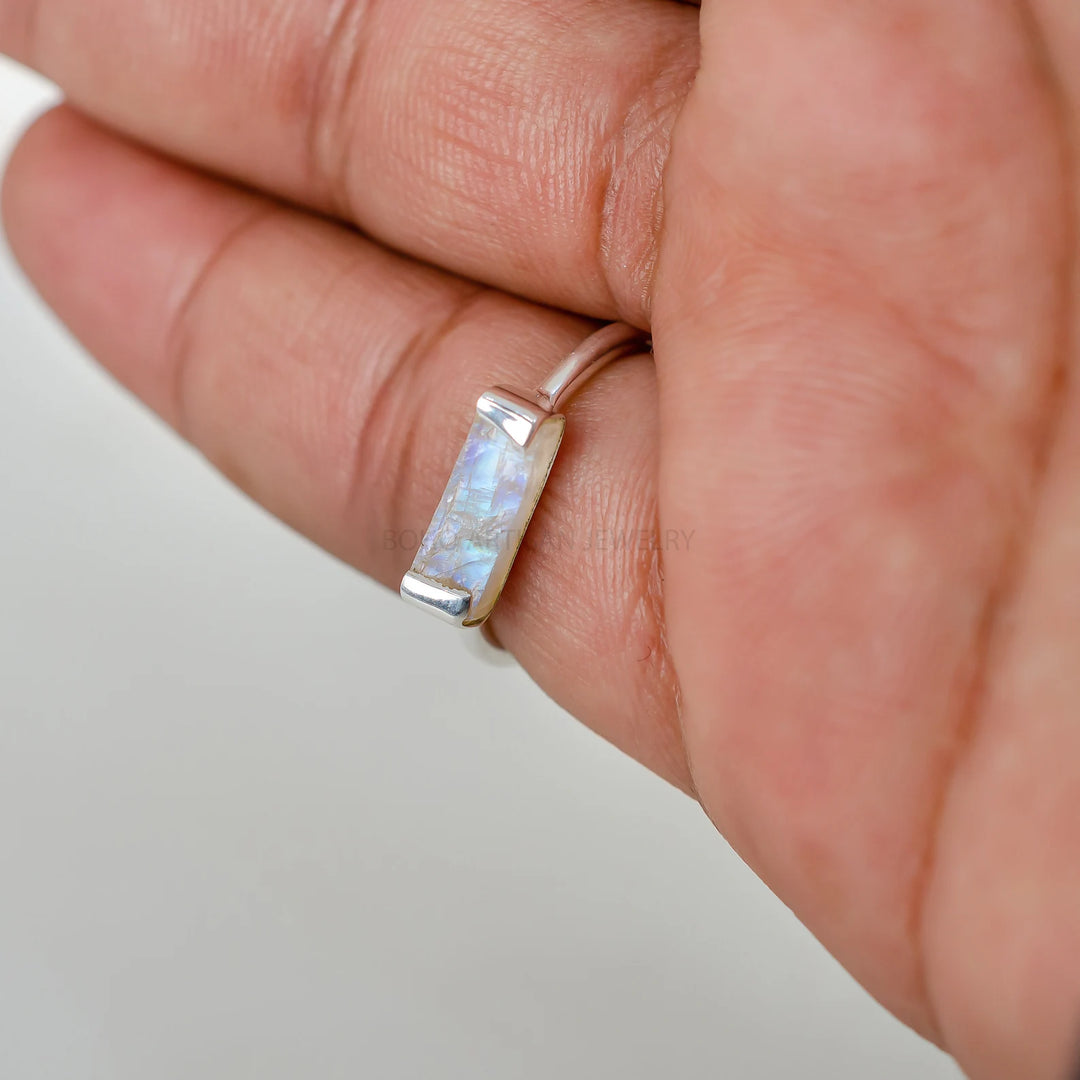 Raw Moonstone Bar Ring: Sterling Silver Stackable Jewelry