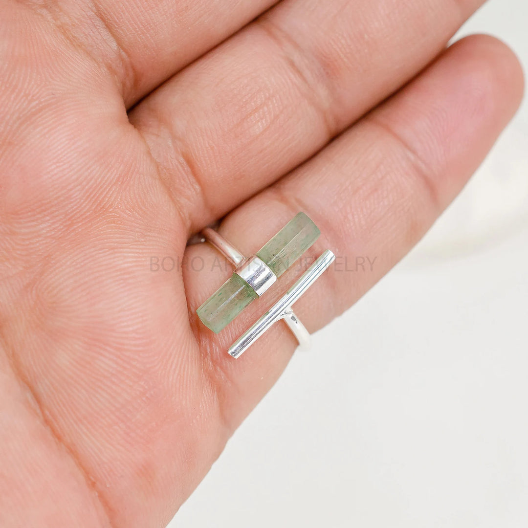 Raw Green Strawberry Quartz Ring: Sterling Silver Boho Ring