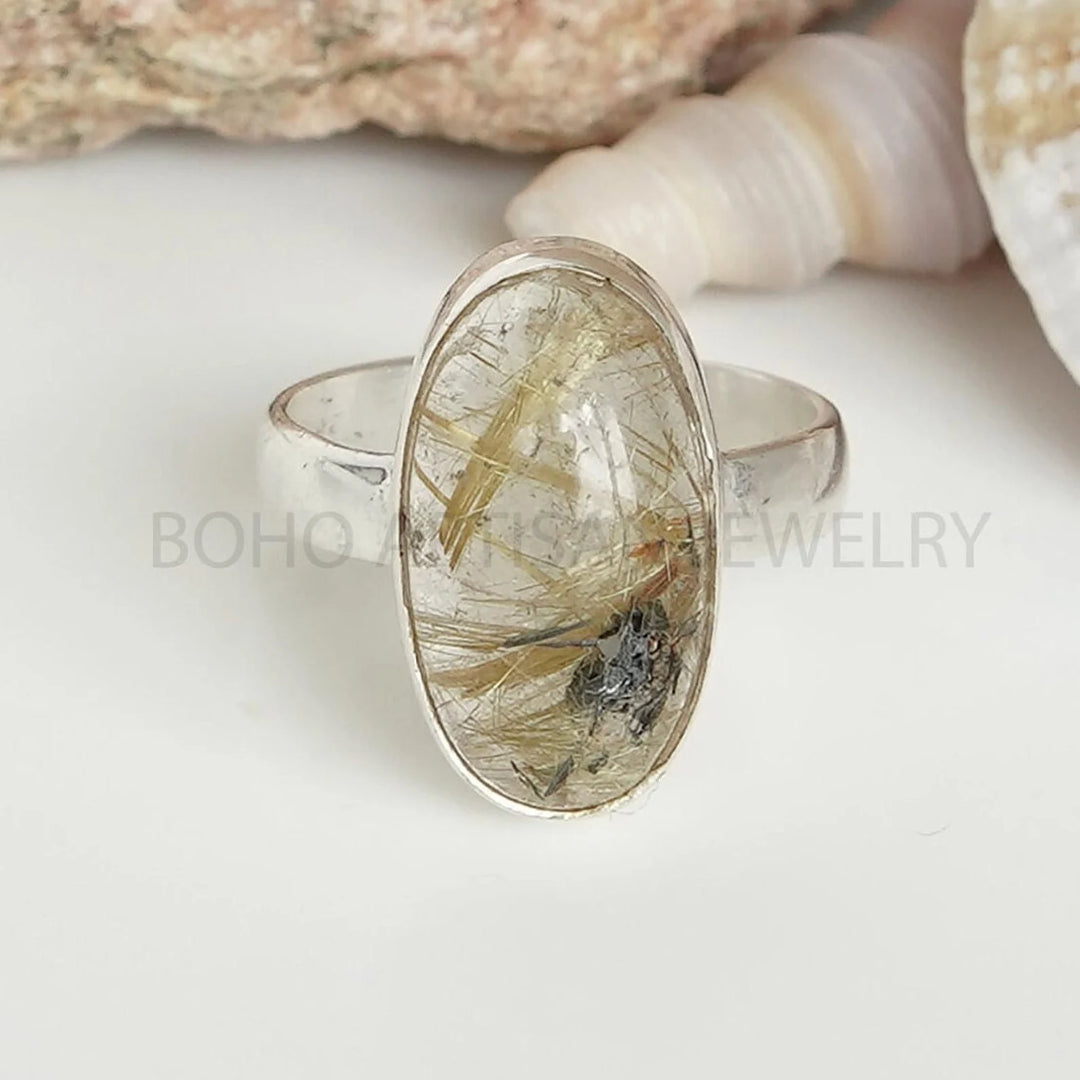 Natural Golden Rutile Quartz Ring, Oval Shape Rutile Ring, Rutilated Quartz Cabochon Ring, Handmade Ring, Boho Ring, Birthstone Ring, Gift.