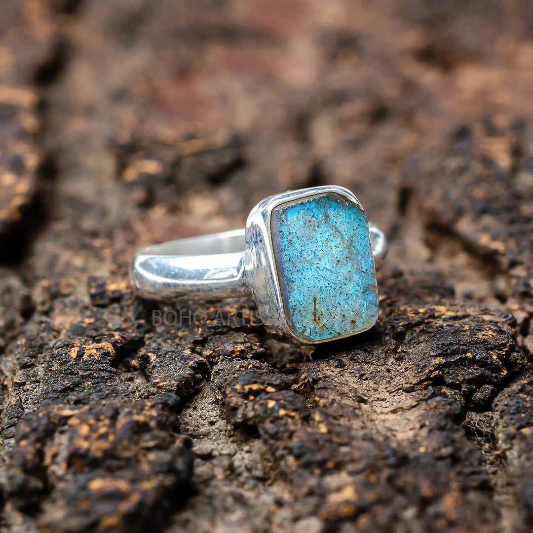 Raw Labradorite Sterling Silver Ring: Handmade Boho Jewelry