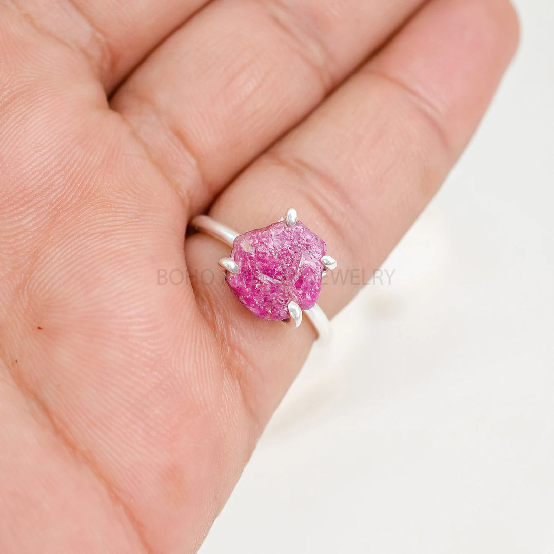Raw Ruby Hexagon Ring: Sterling Silver Boho Crystal Jewelry