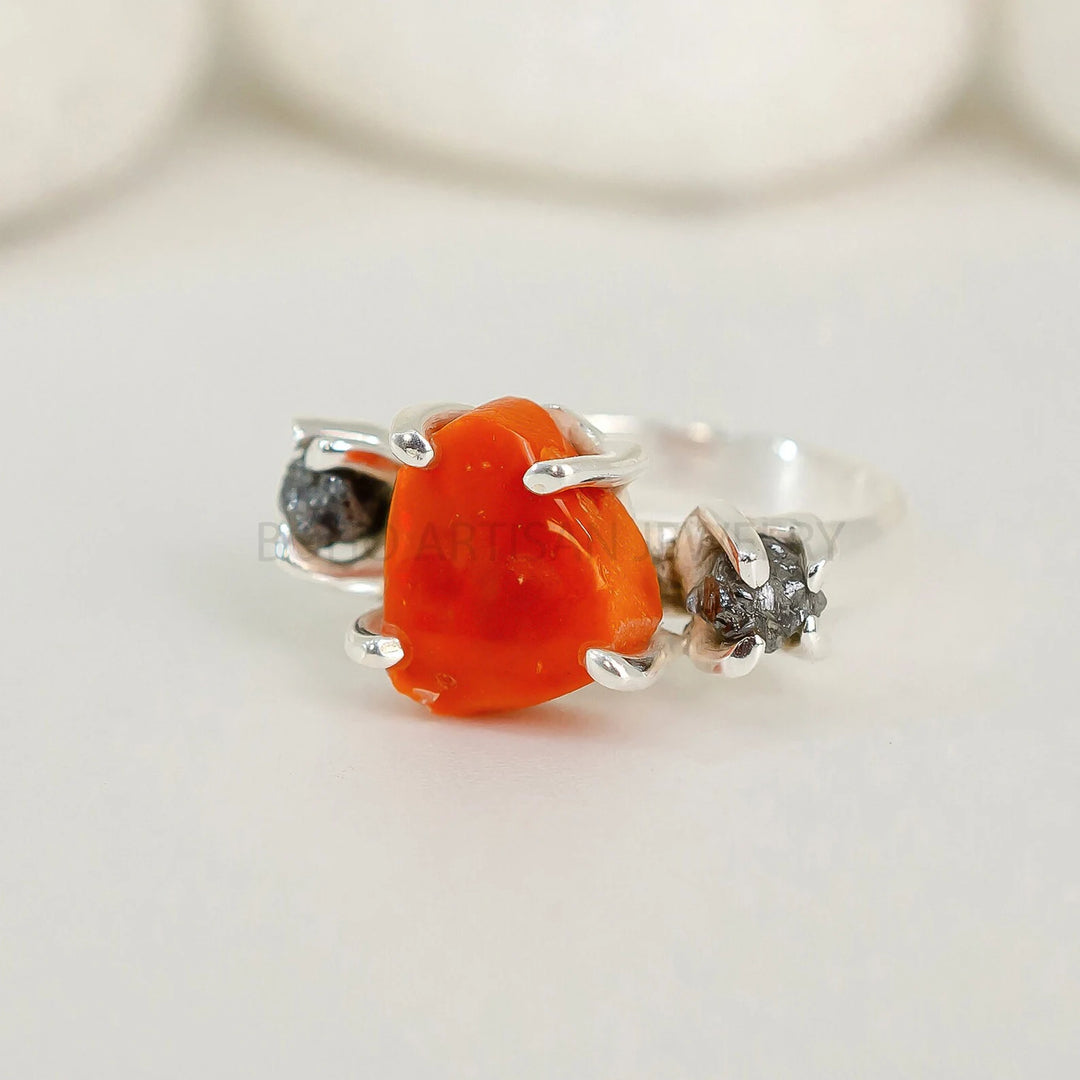 Raw Orange Opal Ring: Sterling Silver Three Stone Diamond Jewelry