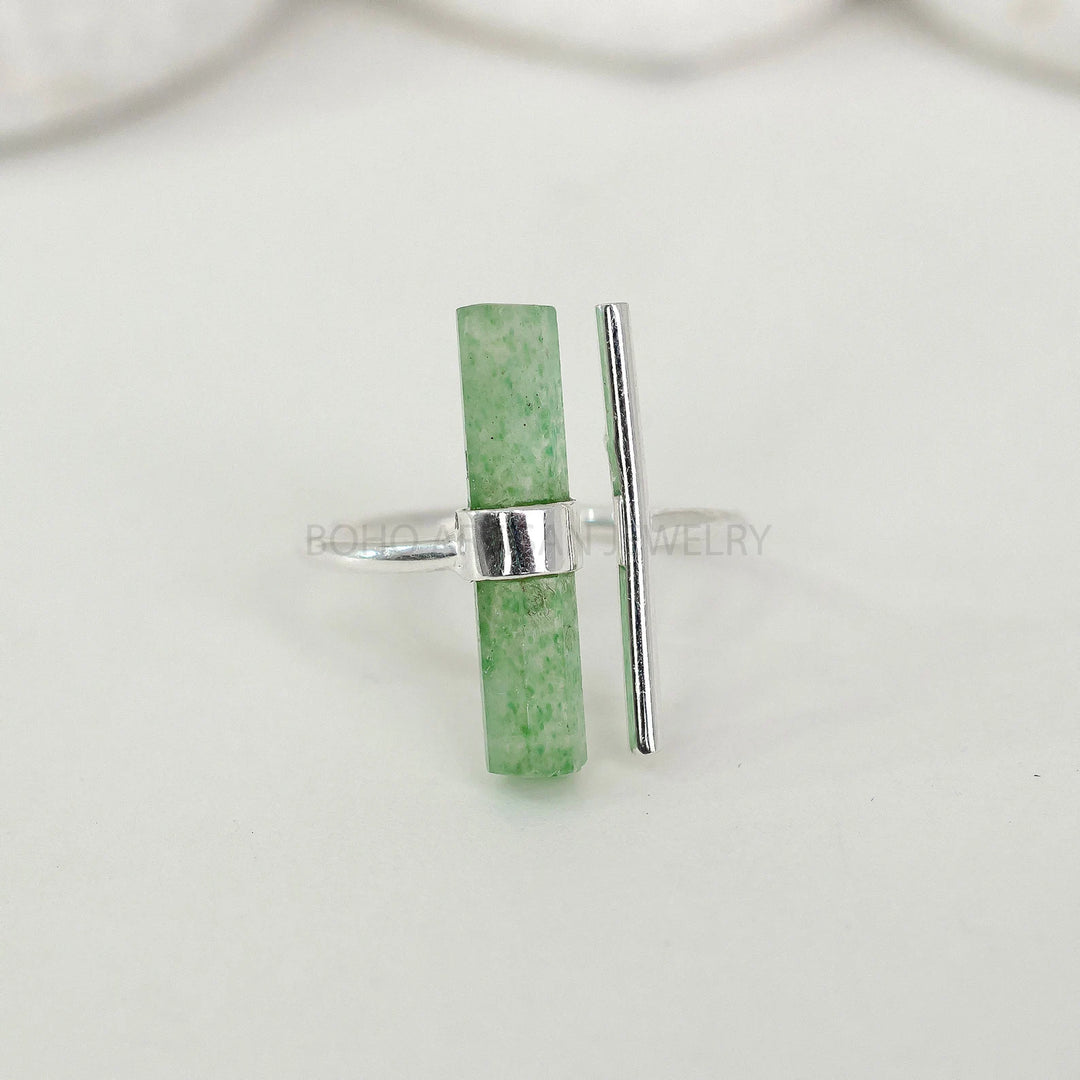 Raw Green Strawberry Quartz Ring: Sterling Silver Boho Ring