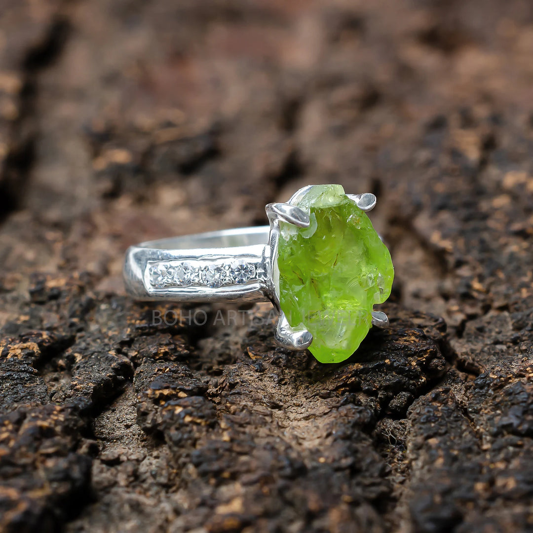 Raw Peridot Ring: Sterling Silver Green Gemstone Statement Jewelry