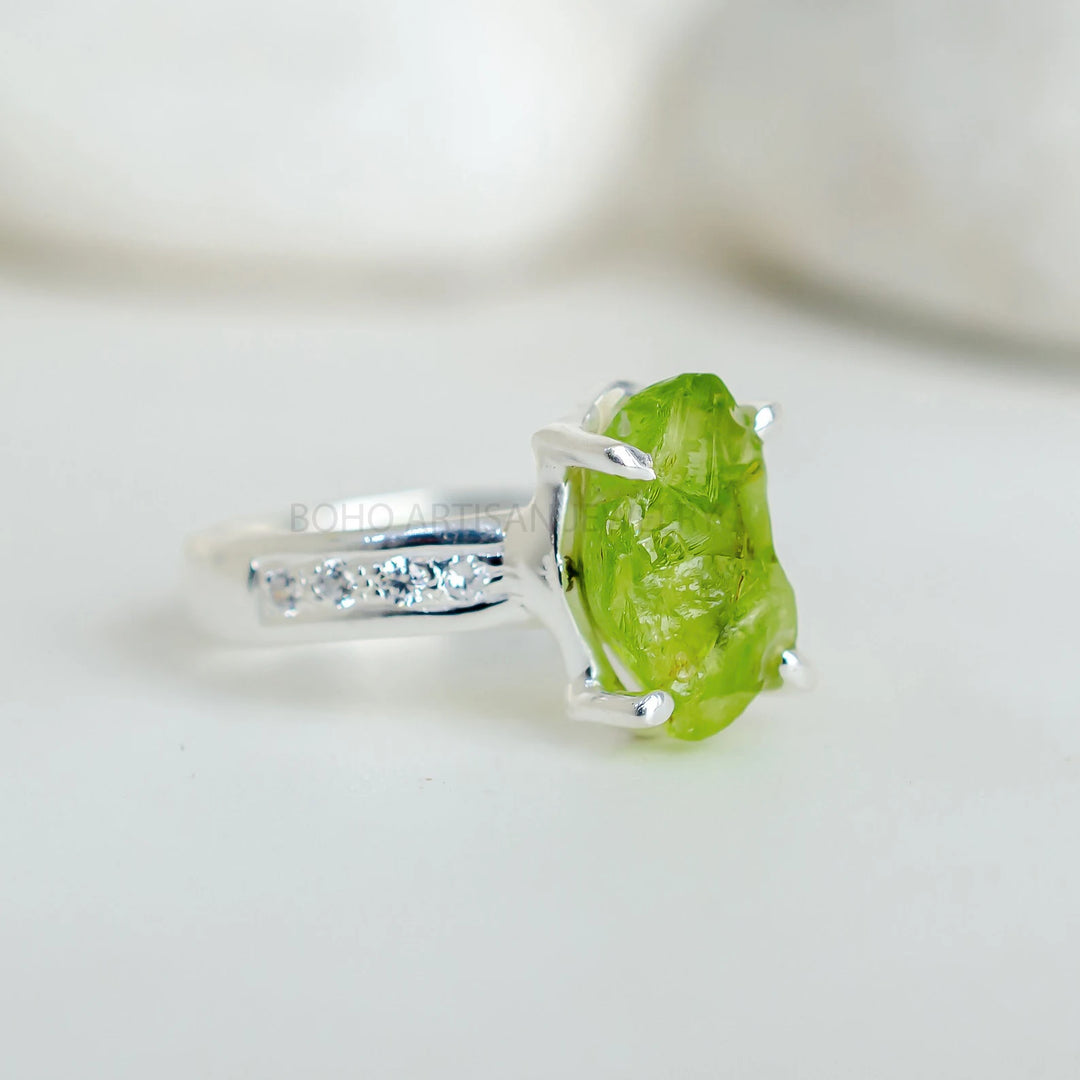 Raw Peridot Ring: Sterling Silver Green Gemstone Statement Jewelry