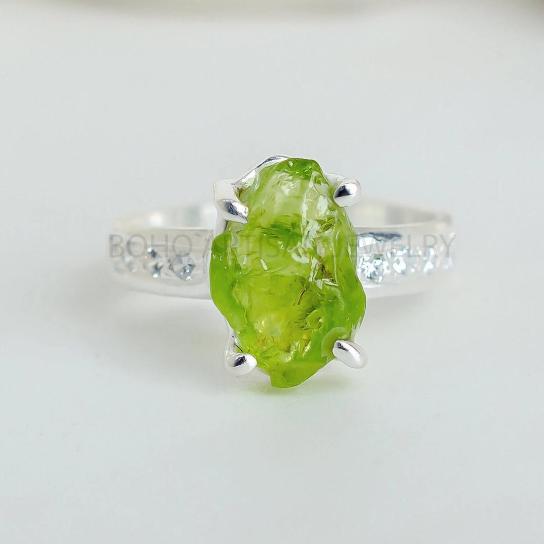 Raw Peridot Ring: Sterling Silver Green Gemstone Statement Jewelry