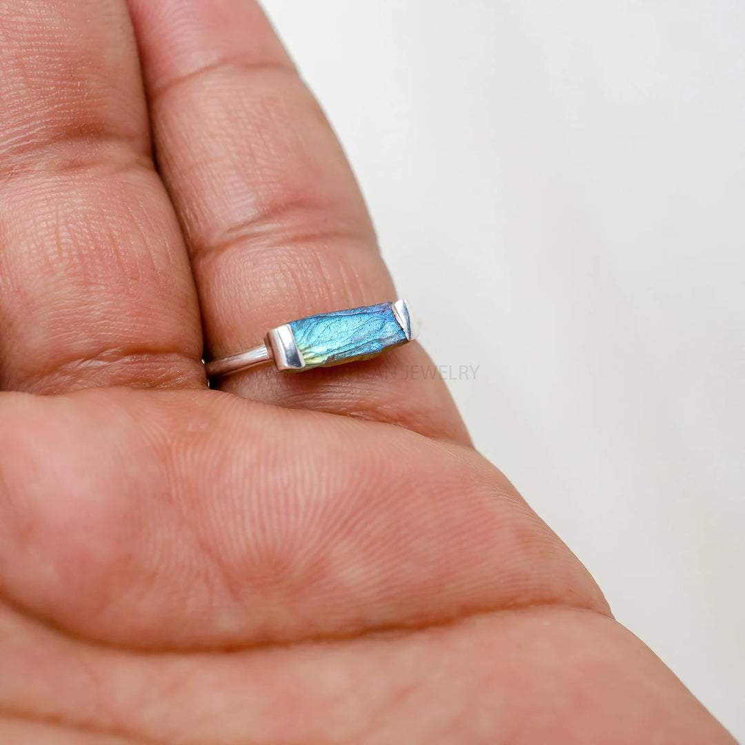 Raw Sunstone Bar Ring: Sterling Silver Boho Jewelry