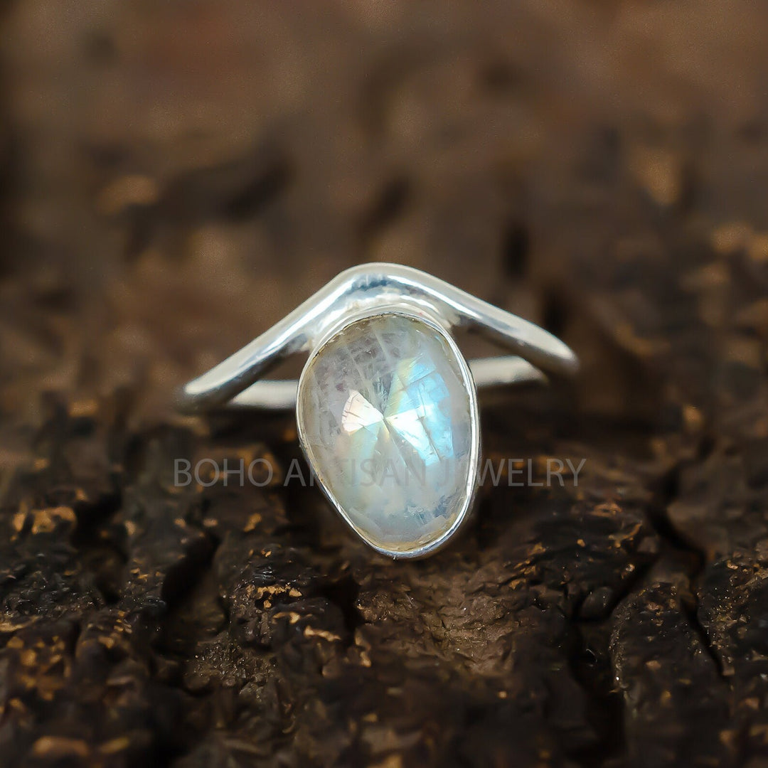 Rainbow Moonstone Ring: Rose Cut Sterling Silver Boho Jewelry