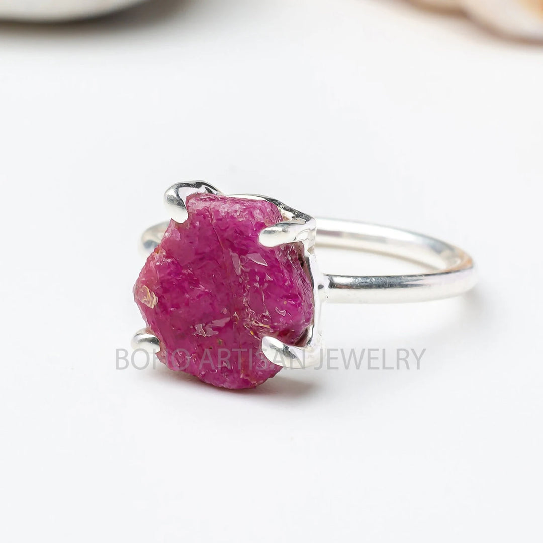 Raw Ruby Hexagon Ring: Sterling Silver Boho Crystal Jewelry