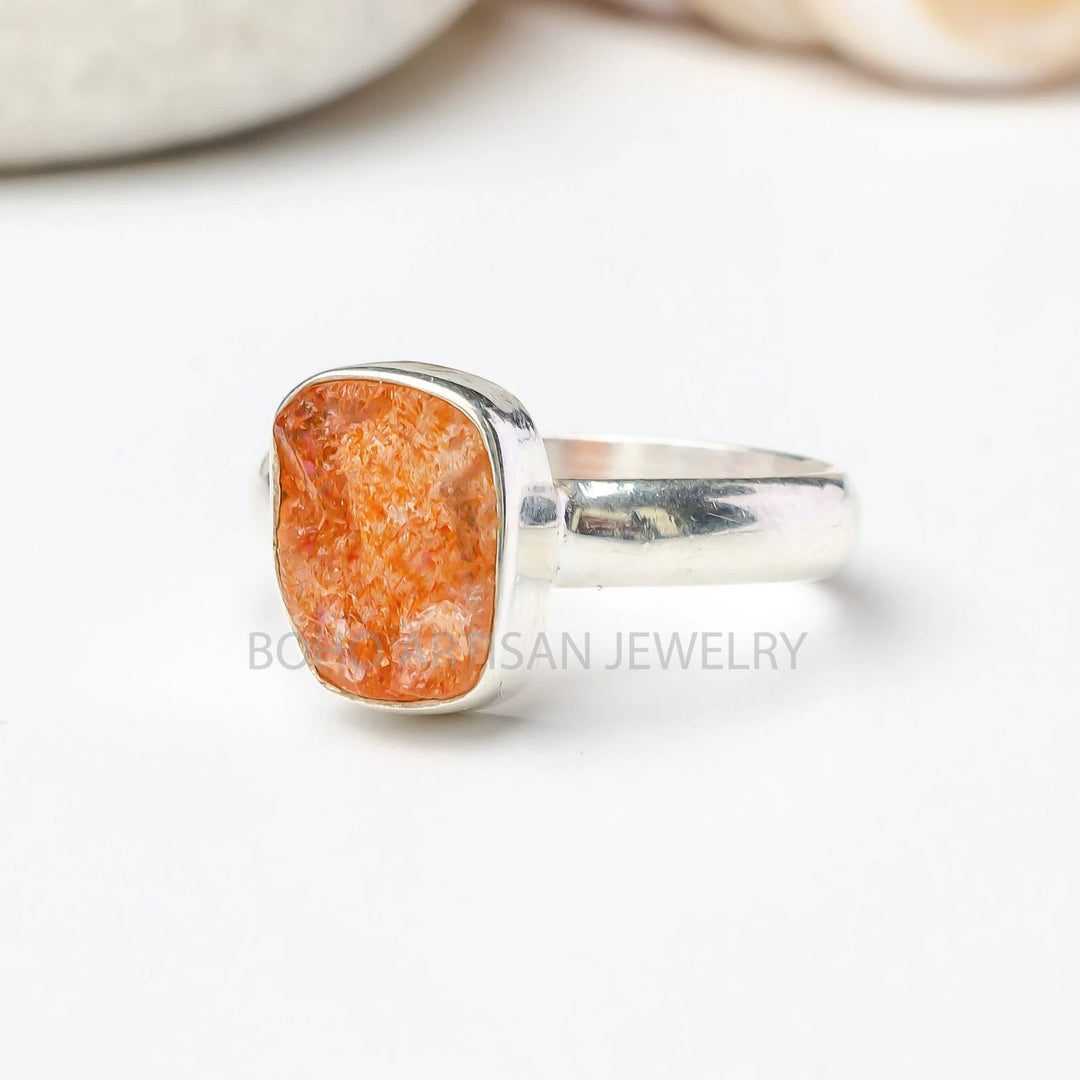 Raw Orange Sunstone Ring: Sterling Silver Boho Crystal Ring